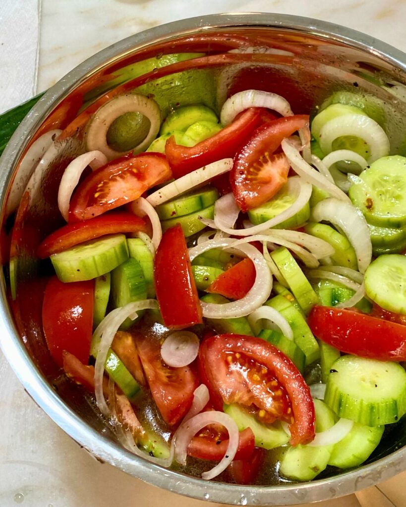 Recipe for Marinated Cucumbers Onions and Tomatoes Salad