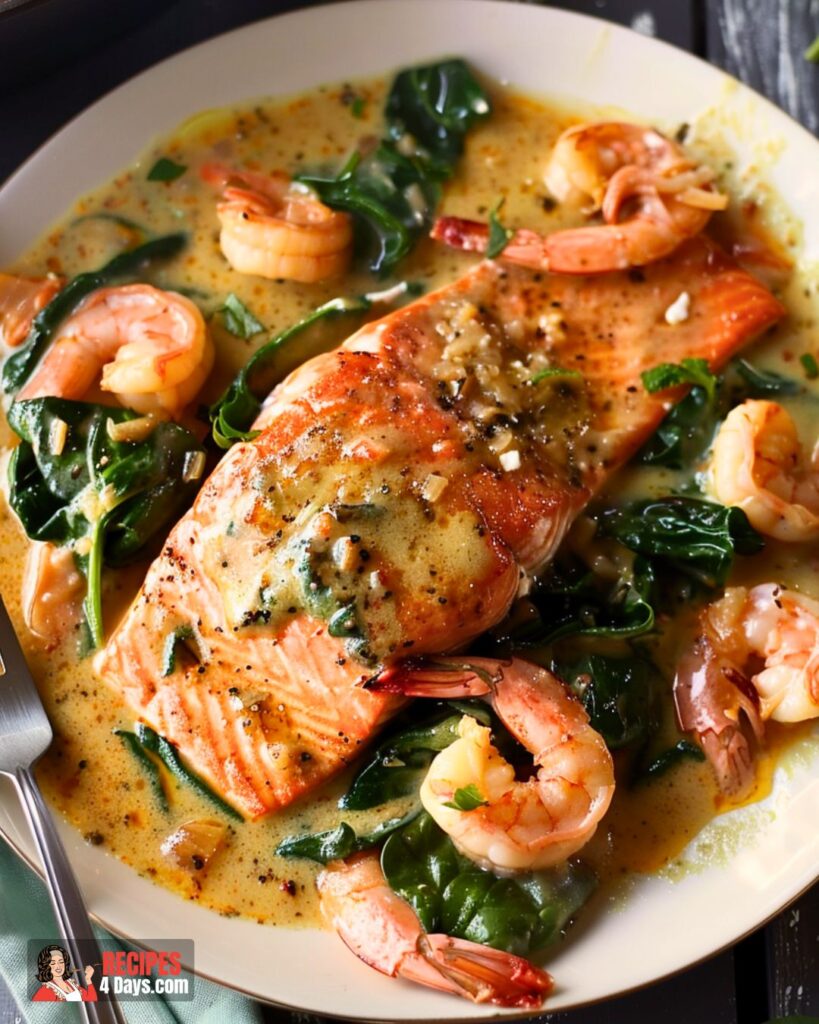 Making Saucy Salmon and Shrimp in Coconut Milk With Spinach