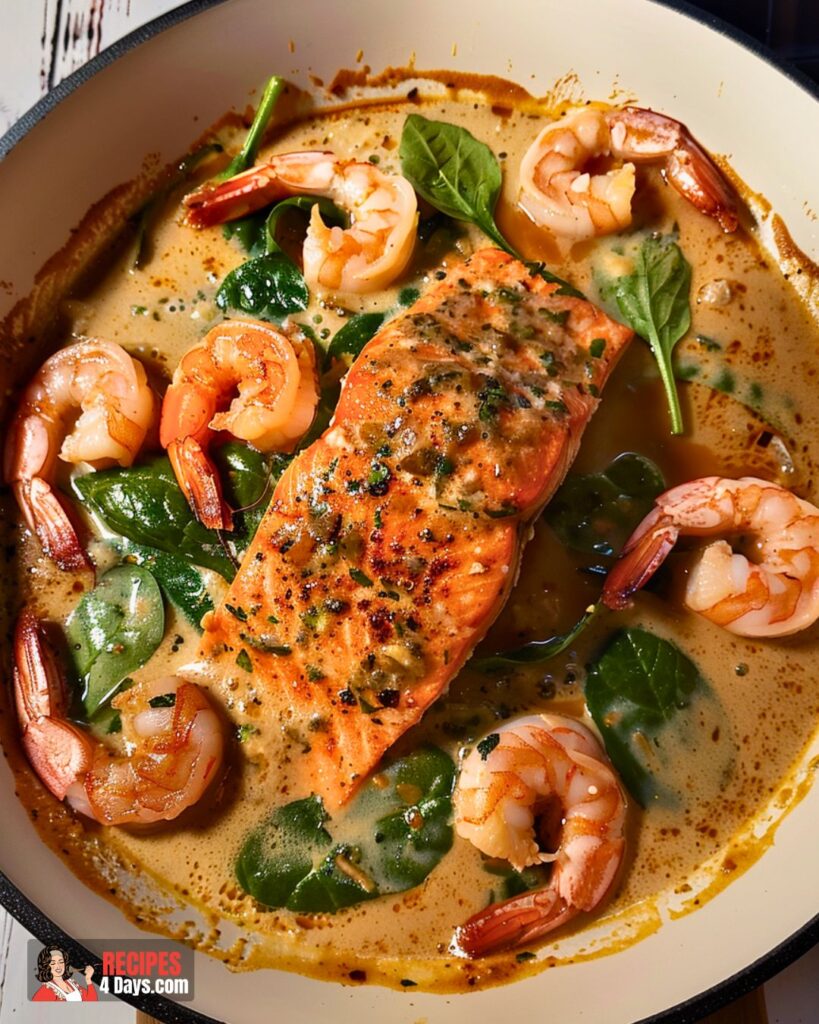 Saucy Salmon and Shrimp in Coconut Milk With Spinach Recipe