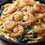 Making Creamy One-Pot Spinach Shrimp Pasta