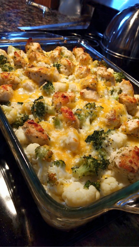 Cheesy Chicken Broccoli Cauliflower Casserole